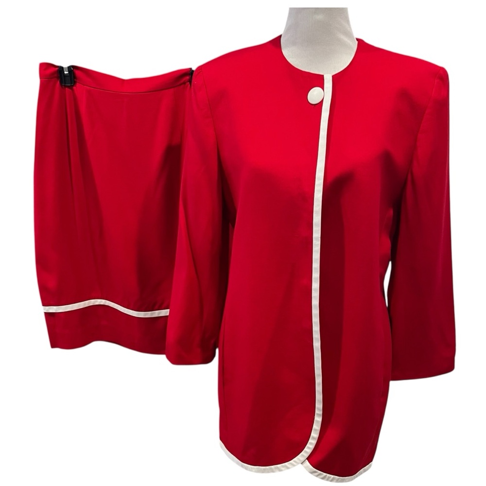 Vintage Christian Dior 70s Red White Trim Silk Blazer Jacket Skirt Suit Set 12